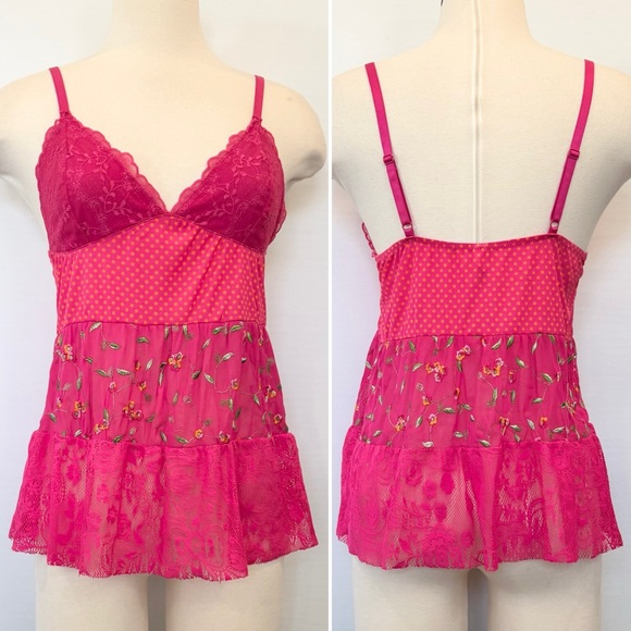 Y2K Victoria’s Secret Nylon Hot Pink 2006 Polka Dot Mesh Lace Babydoll Camisole - Picture 7 of 7